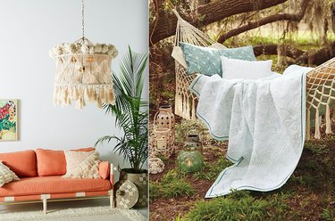 Macramé chandelier ($598) and hammock ($128) from Anthropologie.