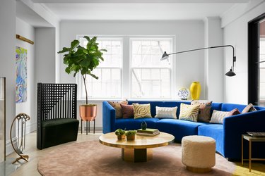 gray maximalist living room with blue sofa