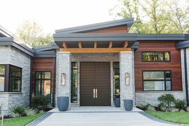 red wood and stone for house exterior