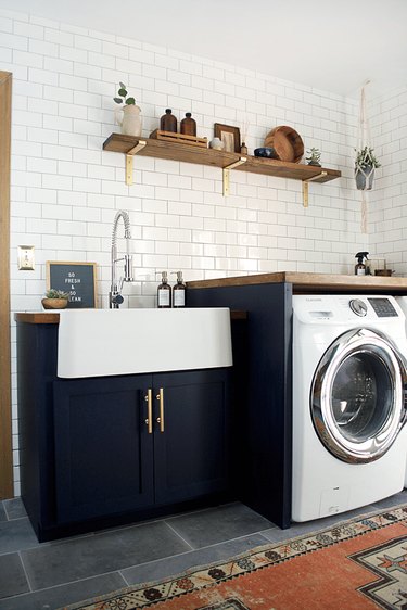 open shelving in laundry room