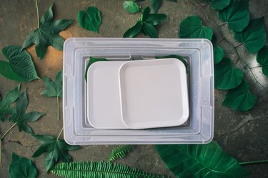 Plates placed on top to keep leaves submerged