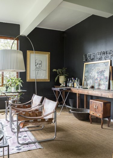rustic living room with black walls