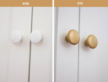 before and after showing white cabinet knobs before and brass cabinet knobs after