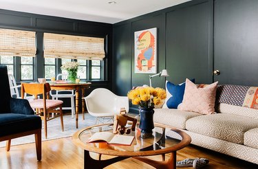 midcentury living room with black walls