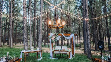 backyard with string lights and arch with flowers