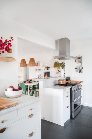 Designlovefest kitchen with white cabinets and open shelving