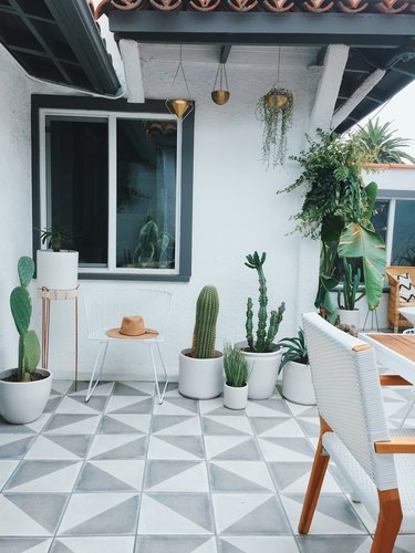 Designlovefest backyard with potted plants and hanging plants