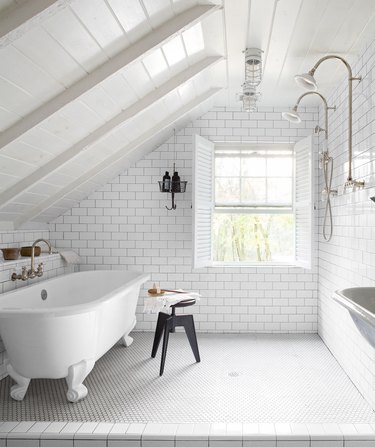 attic bathroom ideas with white subway tile and white penny tile