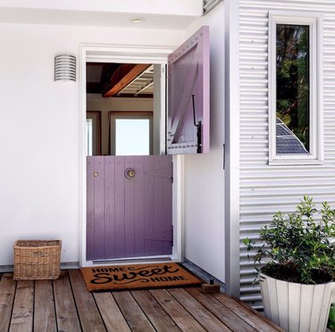 purple tongue and groove exterior Dutch door