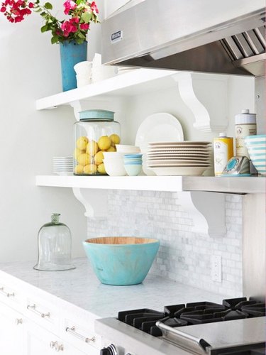 Open kitchen shelving by Inspired Room.