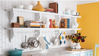 Open kitchen shelving.