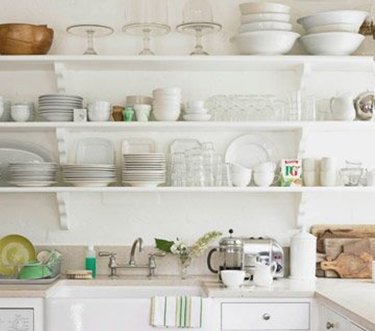 Open kitchen shelving.