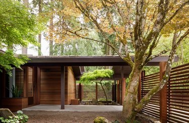 wood cabin with midcentury modern exteriors