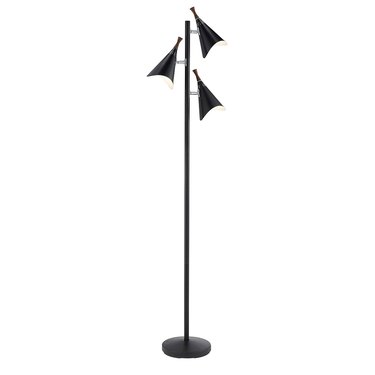Black floor lamp with three thin conal shades at different heights