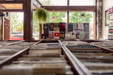 Record bins at the front of the store