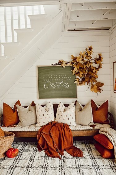 under the stairway nook with farmhouse fall decor