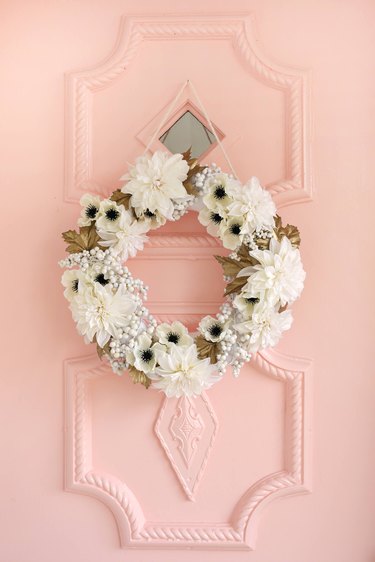 White and gold fall and holiday christmas wreath by A Beautiful Mess