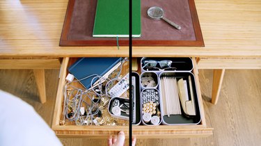 drawer showing one messy side and one organized one