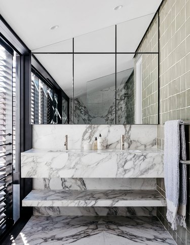 Modern bathroom sink with gray and white marble