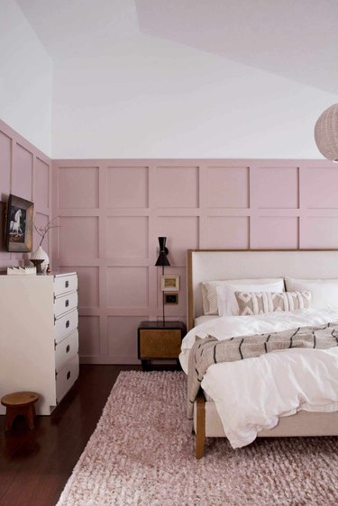 board and batten pink walls with white dresser