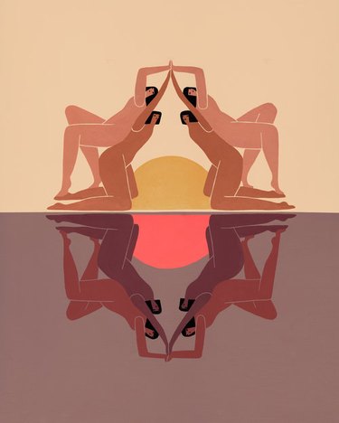 Print featuring four people leaning on each other naked against warm sunny backdrop with a symmetrical reflection of the figures on lower half featuring slightly darker hues