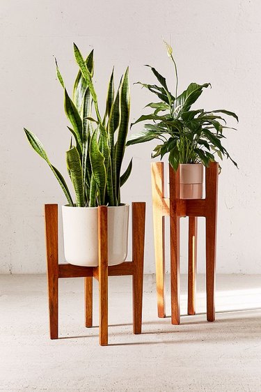 Two wooden mid-century plant stands in different sizes with white cylinder planters