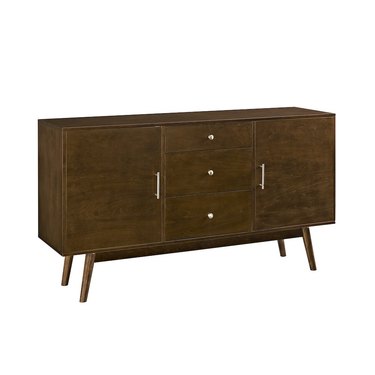 Walnut mid-century console with three drawers sandwiched between two cupboards