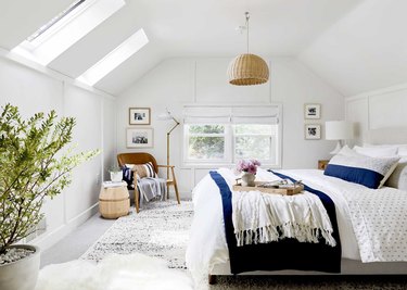 white bedroom finished attic idea with skylights and bed