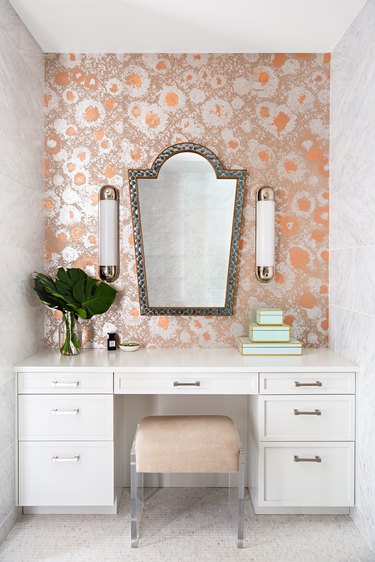 vanity with abstract floral wallpaper