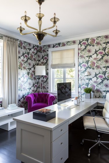 home office with floral wallpaper