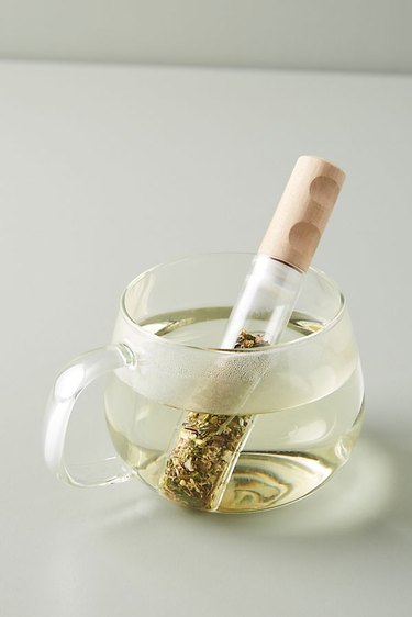Anthropologie glass tea strainer with birch wood lid