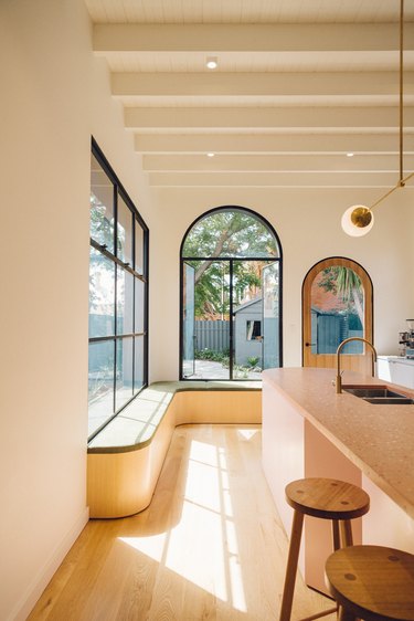 modern kitchen with two large window bench