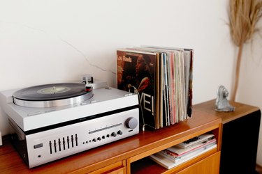 The record player in the living room.