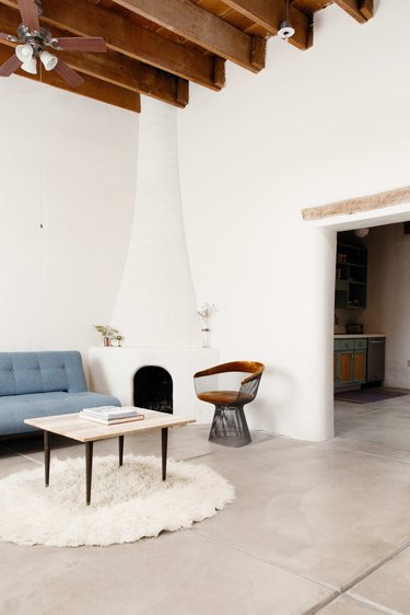 High ceiling and exposed beams in the living room.