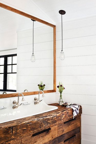 trough sink in rustic farmhouse bathroom