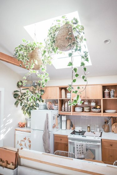 small-space kitchen with wood cabinets and hanging plants