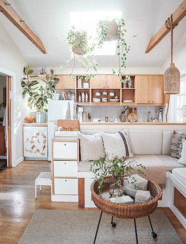 small-space living room with bohemian lighting and plants