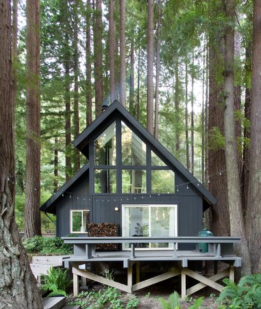 black modern cabin idea surrounded by woods