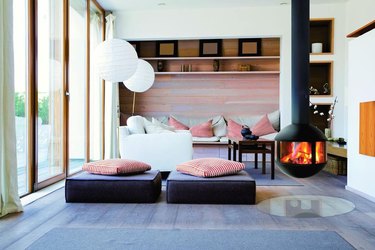 hanging fireplace in modern living room