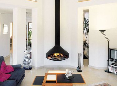 hanging fireplace in modern living room