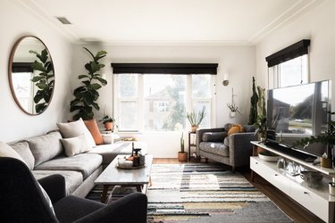 contemporary family room ideas with gray sofa