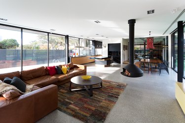 hanging fireplace in modern living room