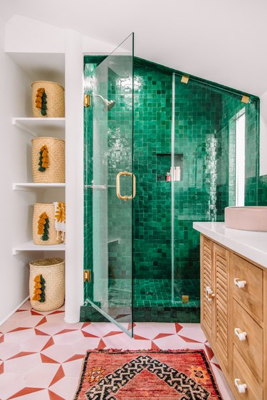 Bold pink and green bathroom with walk-in shower