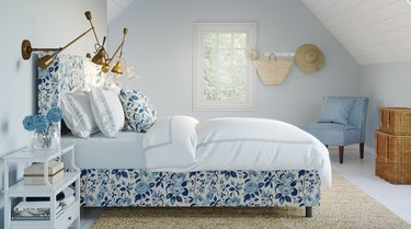 bedroom with a blue-and-white chintz bed