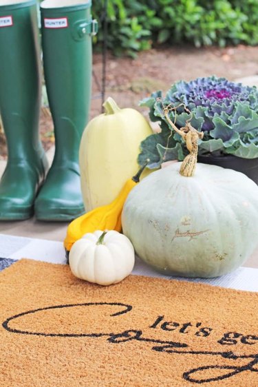 Let's Get Cozy fall doormat with pumpkins and green boots