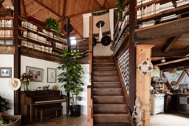 wood rustic stair railing in Colleen and Mathew Gerson's Topanga Canyon geodesic home