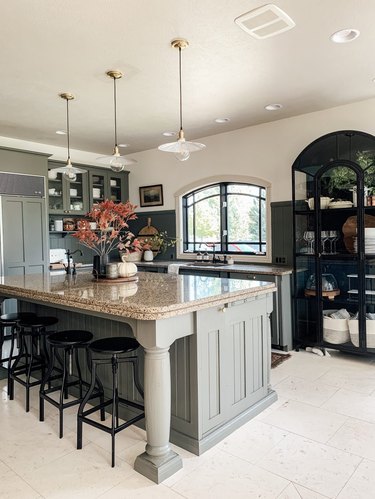 white fall pumpkins on kitchen island