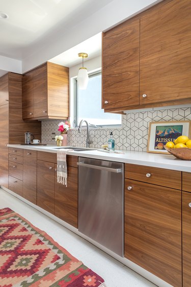 Medium wood and a geometric backsplash