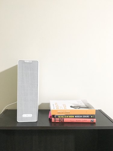 bookshelf with books and speaker