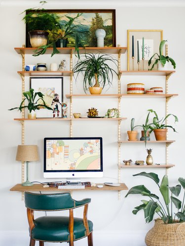 boho minimal home office with open shelving with Home Office Storage Ideas